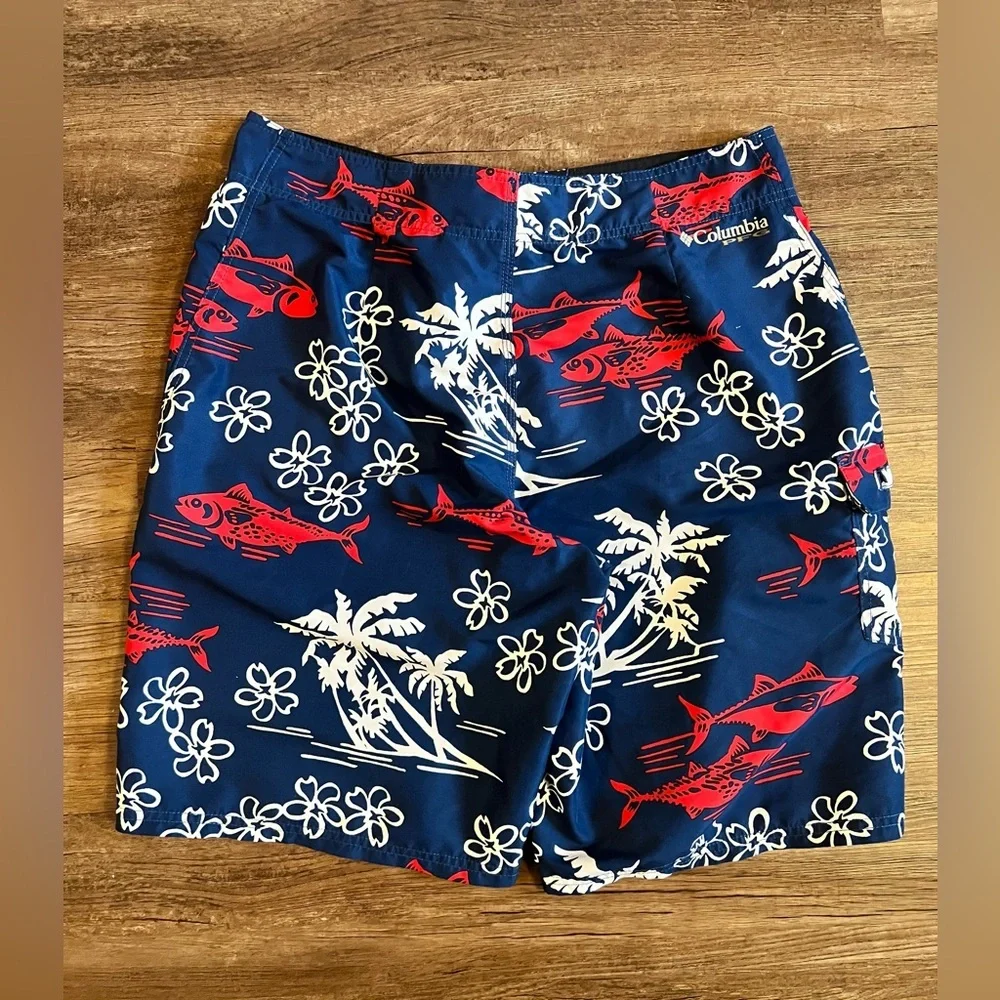 Columbia PFG Omni-Shade Swim Trunks Tuna Fish‎ Palm Tree Mens 36 Inseam 11” H2